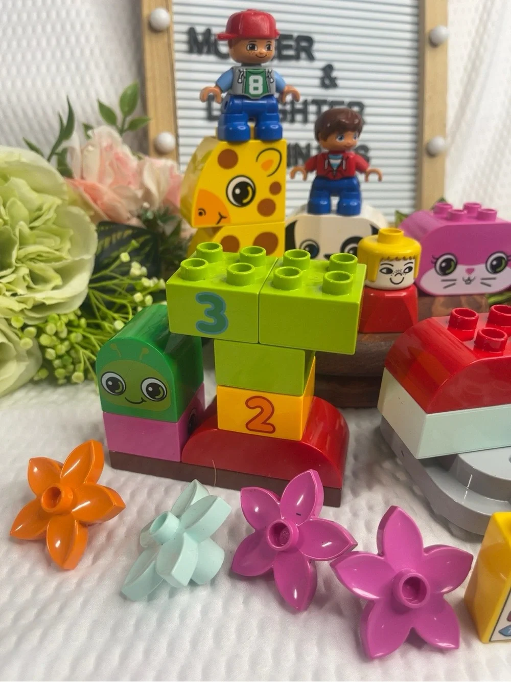 LEGO DUPLO Mixed Lot Figures Animals Truck Blocks Giraffe Pig Cat Flowers Toy